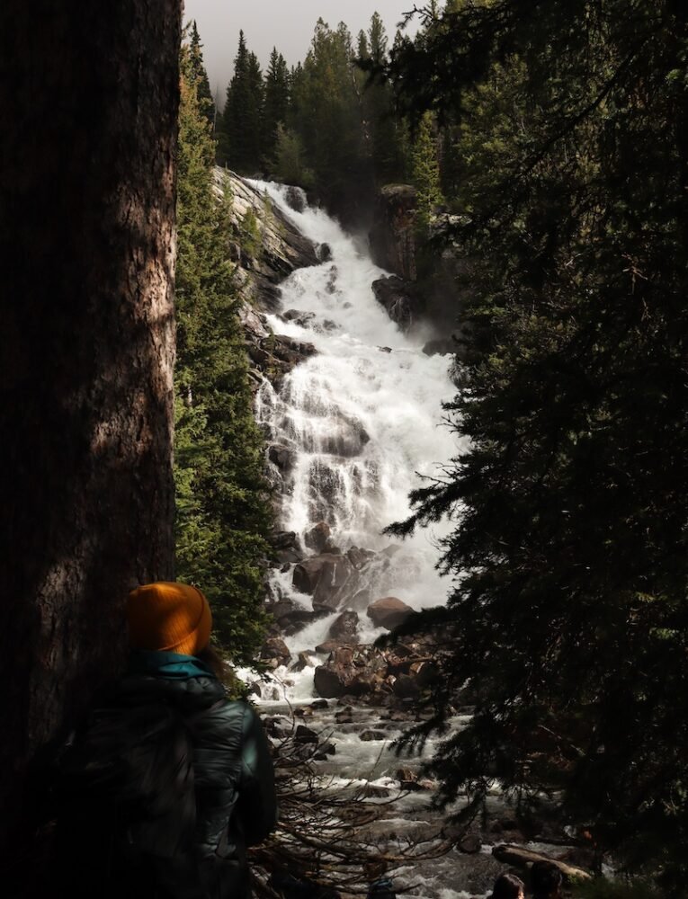 Nicole at Hidden Falls, looking at the water fall, shrouded in shadows from the trees