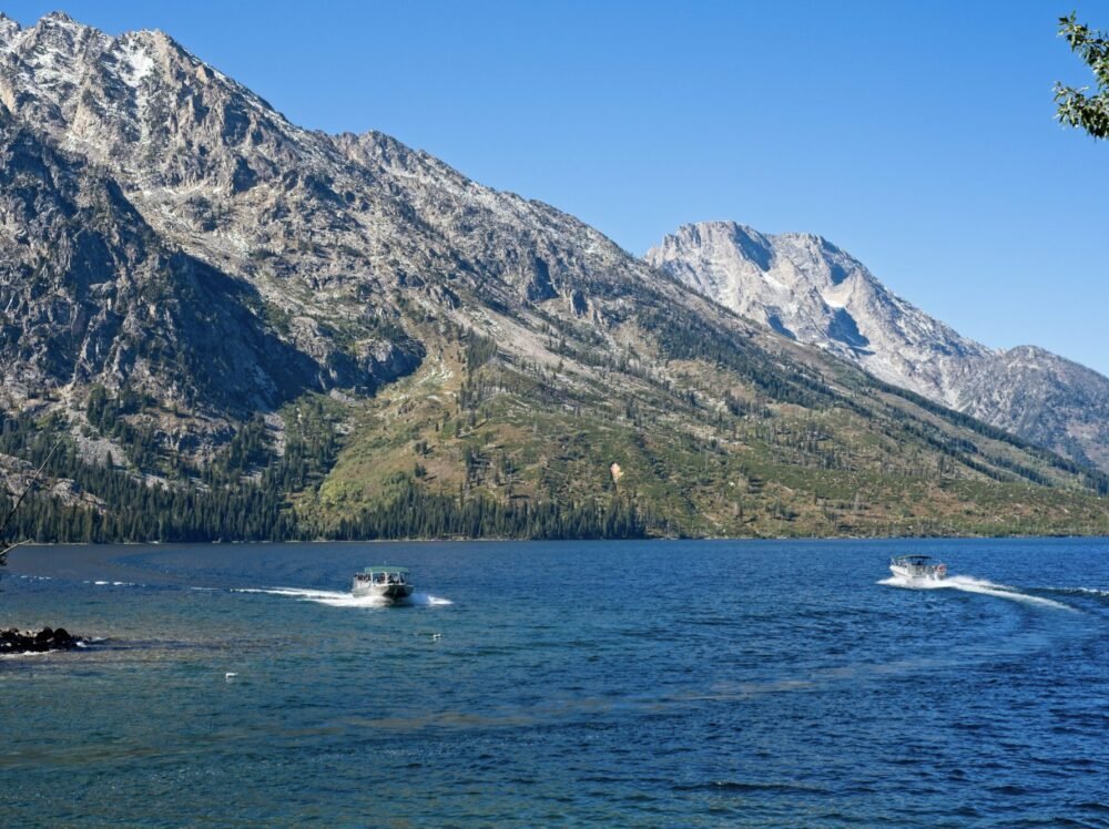 Boats on the water at Jenny Lake on a busy day in the summer