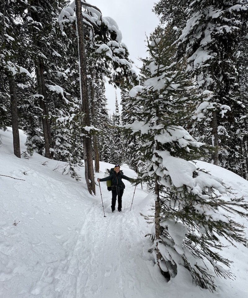 Nicole Westcott in snowy Grand Teton National Park in April, using cross country skis to get around