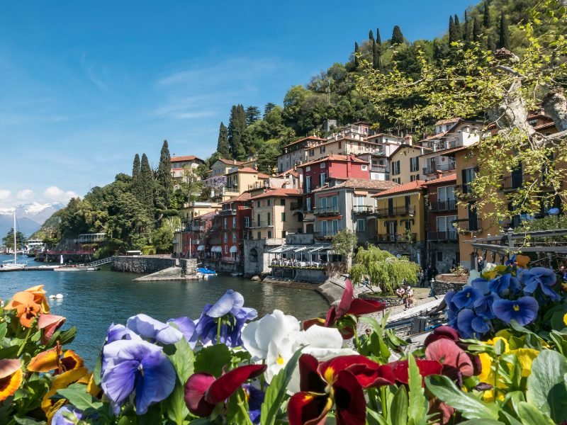 Flowers from a flowerbox overlooking the lakefront of Varenna with colroful yellow, red, and white houses and the lake of Lake Como with mountains in the background.