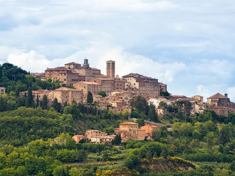 the hillside town of montepulciano, also a famous wine destination, with greenery around the hilltop town