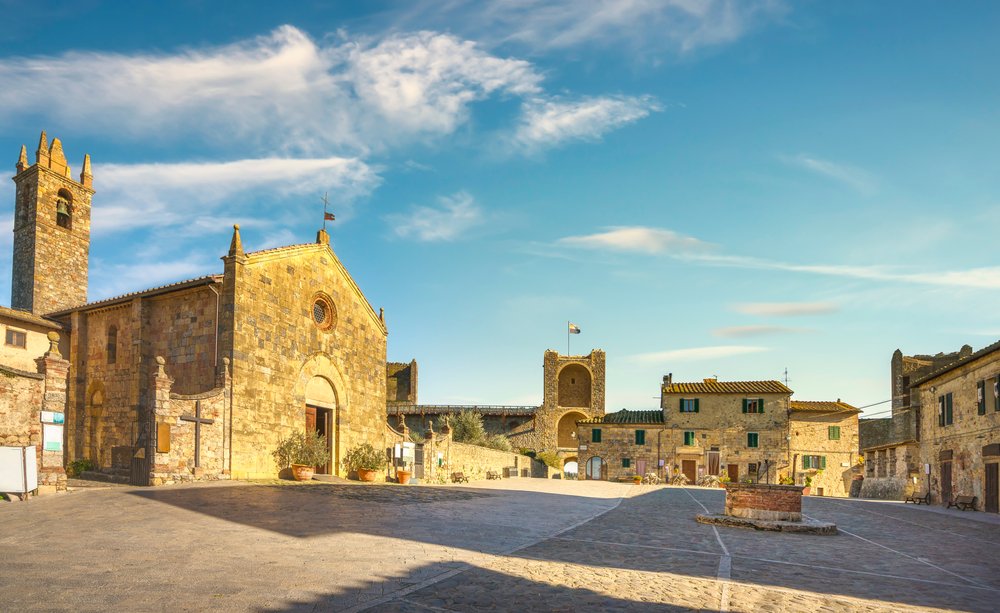 Main square in Monteriggioni medieval fortified on the route of the via francigena, in Tuscany
