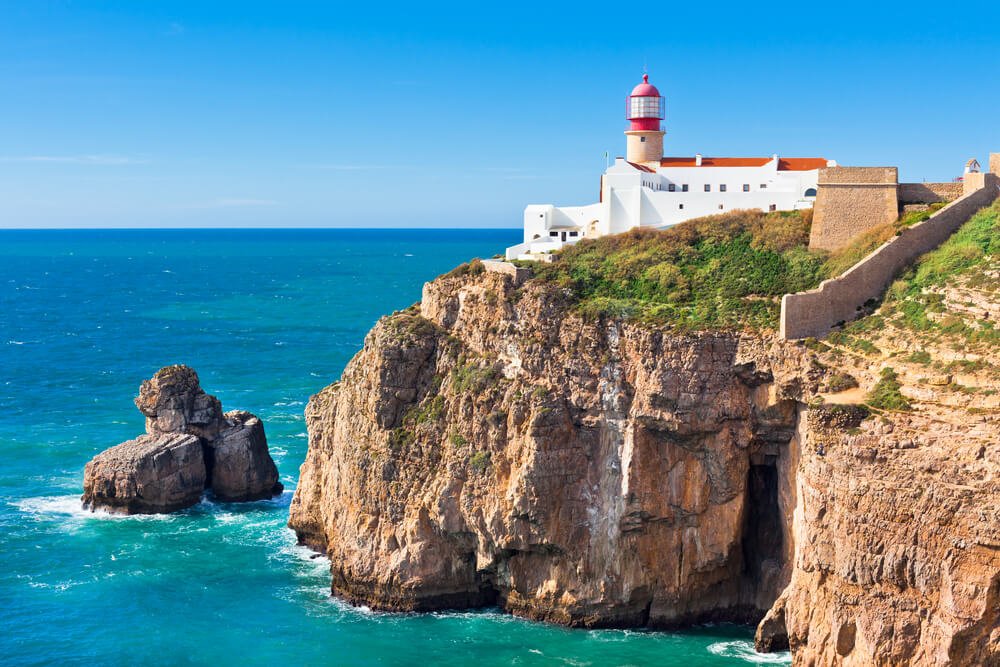 Lighthouse of Cabo Sao Vicente, Sagres, Portugal - Farol do Cabo Sao Vicente, with beautiful turquoise waters on a reddish-brown cliff on the ocean, with a red and white lighthouse