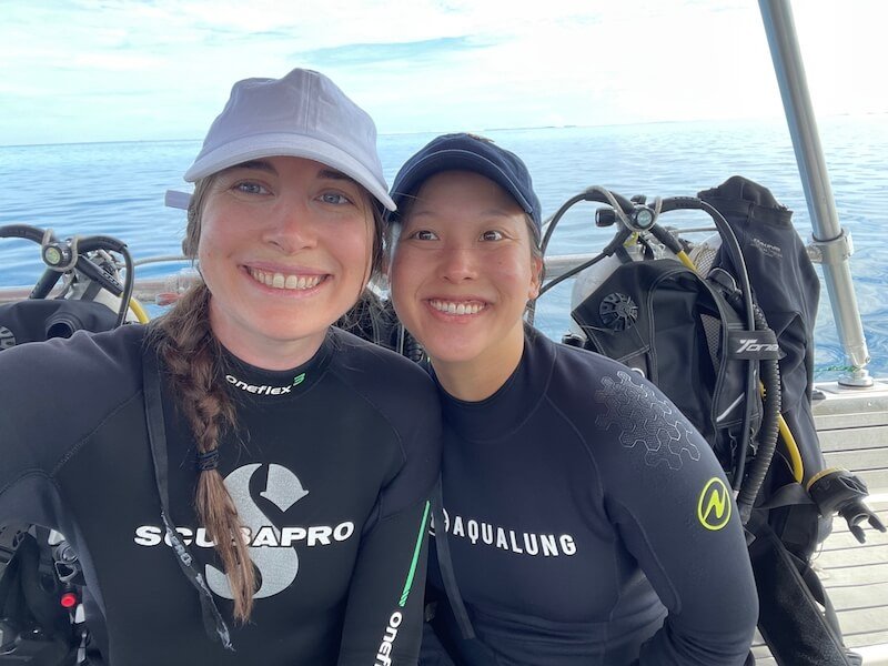 Allison Green and her partner before diving in Moorea