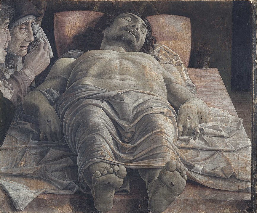 a photo of the dead christ figure with a person crying, oil painting style
