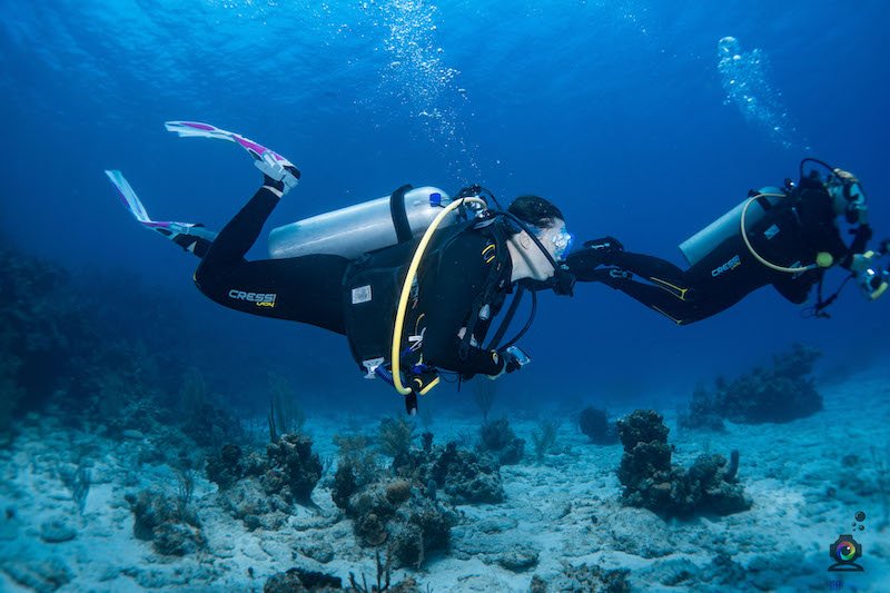 Allison Green and her partner scuba diving in Roatan