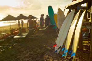 surfboards for rent on a canggu beach in bali