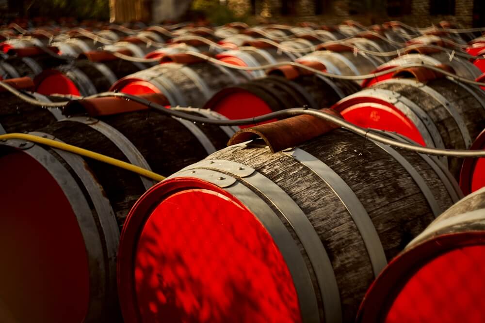 distinctive barrels of banyuls wine with red bottom barrel