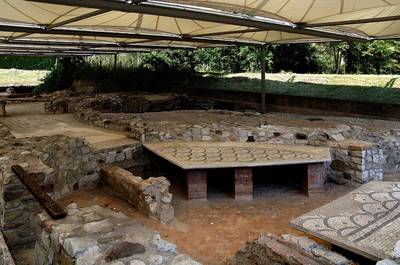  ancient Roman palace of the third century B.C. , the mosaics floor shaded in order to keep it from aging further
