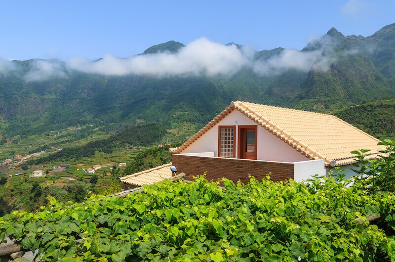 View of house and vineyard in mountain village in northern part of Madeira island, Portugal