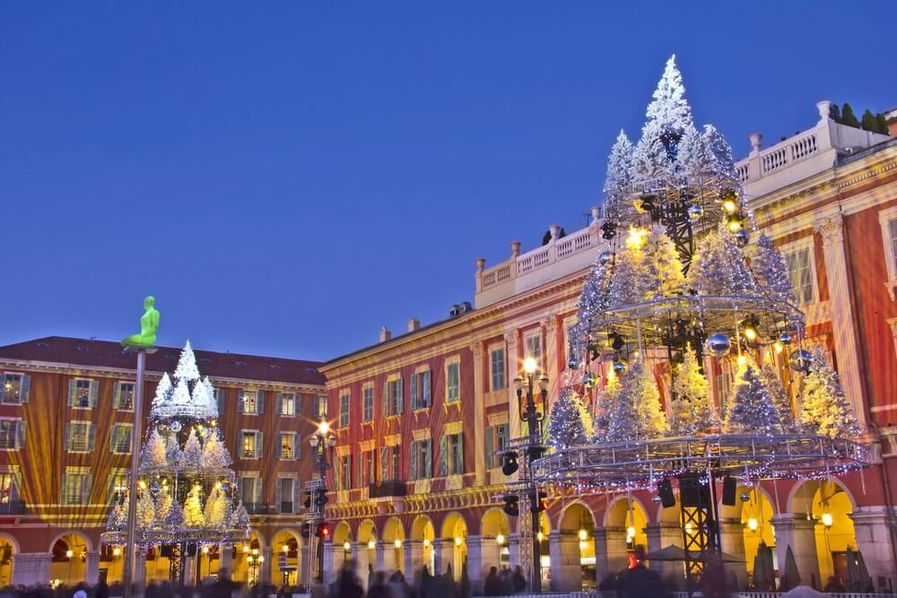 Christmas night in Nice, France, with lots of spectacular christmas tree decorations