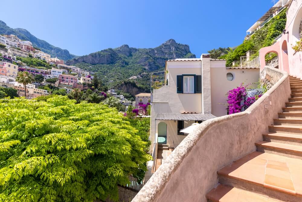 Scenic views of Positano Italian colorful architecture and landscapes on Amalfi Coast in Italy.
