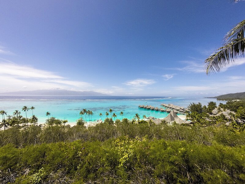 view of moorea bungalows from toatea lookout with crystalline blue water and darker water in the background, overwater bungalows, and tahiti visible in the distance