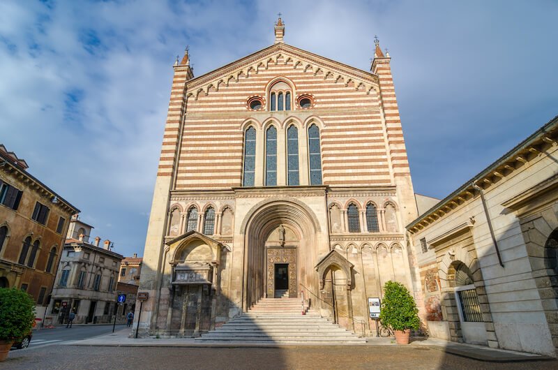 Facade of the church of the San Fermo Maggiore (Saints Fermo and Rustico). Built in the romanesque and gothic style. Verona, Italy.
