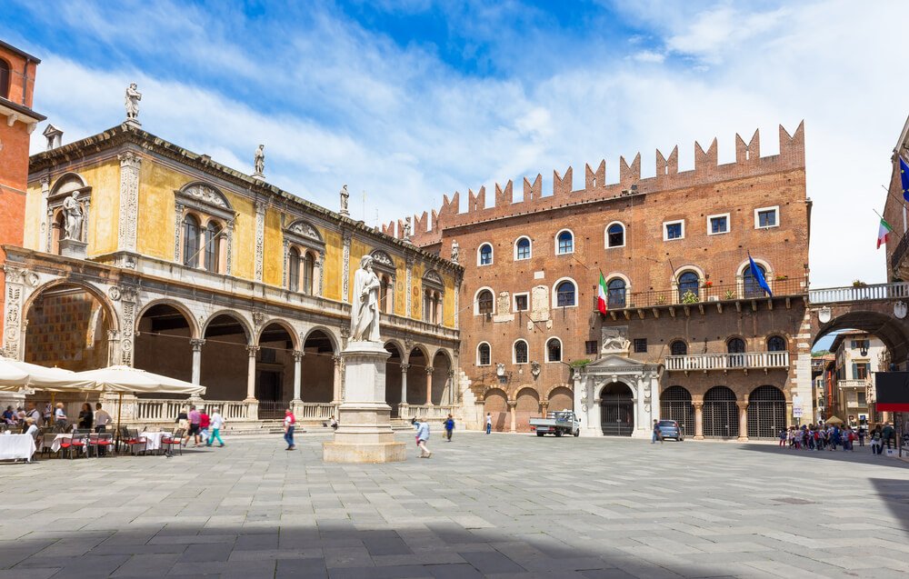 Piazza dei Signori with statue of Dante in Verona. Italy