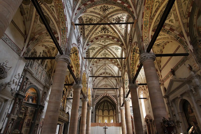 interior of the gothic church of basilica of saint anastasia in verona