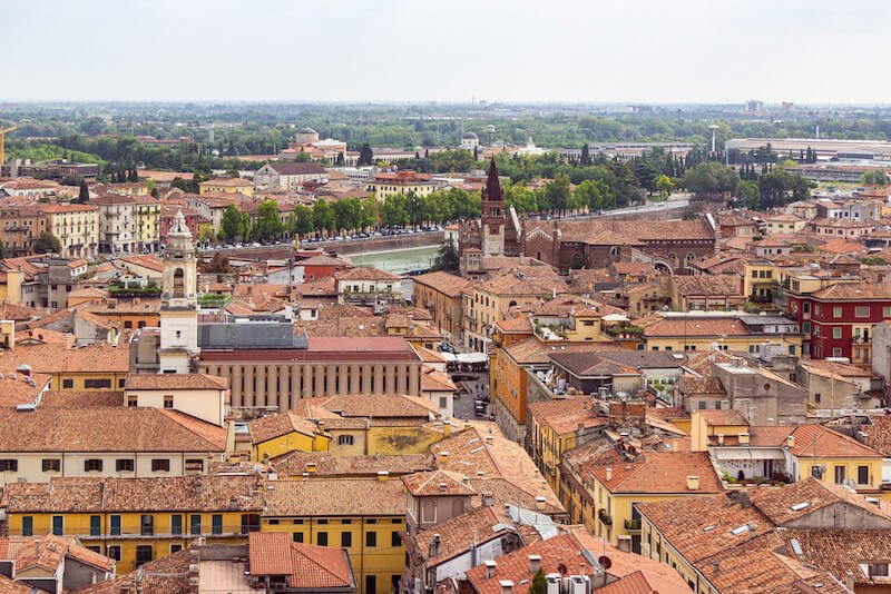 Old town of Verona. View from the bell tower Torre Dei Lamberti in Verona, Italy
