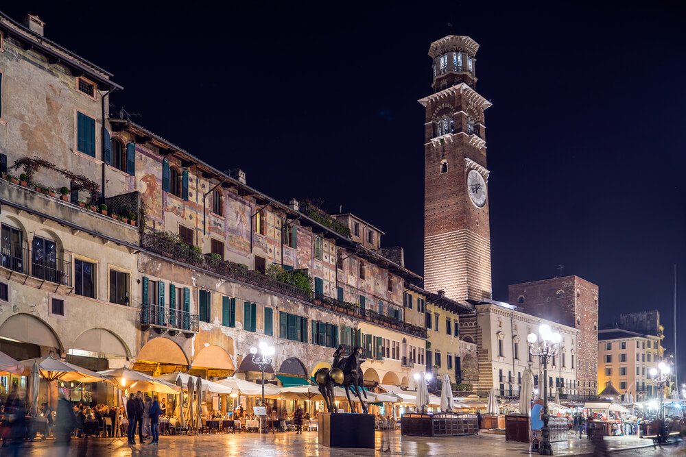 Piazza delle Erbe by night, Madonna Verona and Lamberti tower - Verona - Italy
