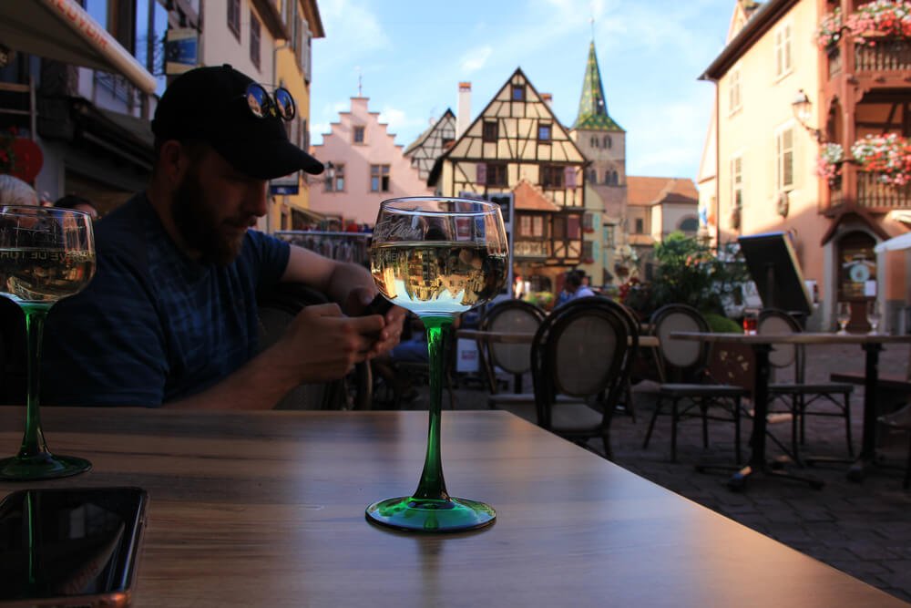 Wine glass reflection in Turckheim, Alsace
