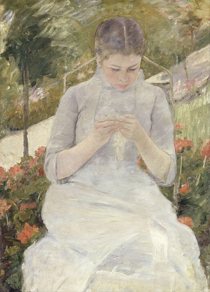 a painting of a young woman sewing in the garden wearing all white