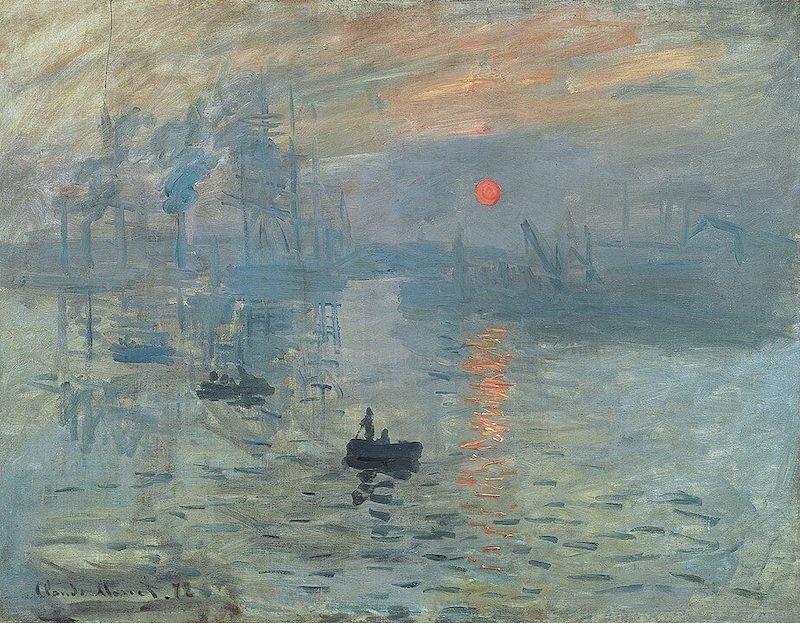 Impressionist painting of two people in a boat at sunrise in a harbor