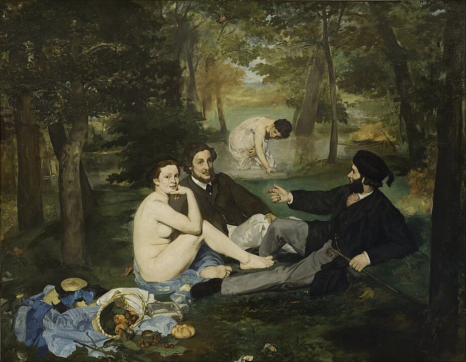 a naked woman, two clothed men, and another woman in the grass, picking up something