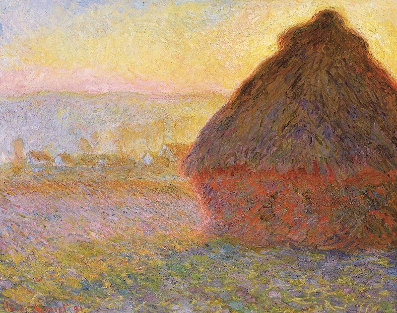 a vibrant painting by monet with sunset colors