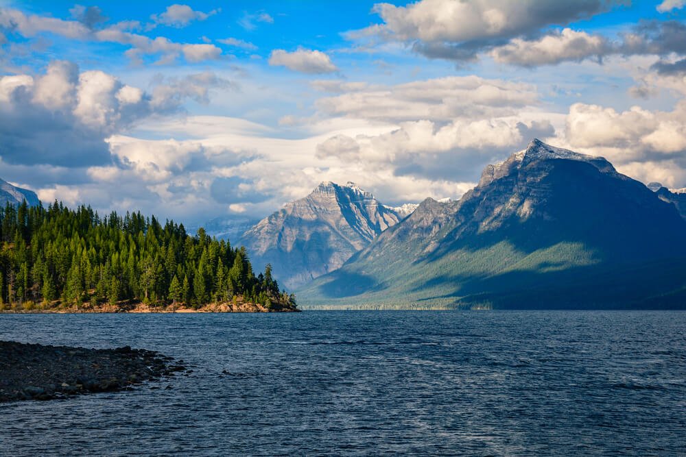 Glacier National Park's Lake McDonald in Montana, USA. Late afternoon in early September. View of Rocky Point, Mount Cannon, and Mount Brown from Fish Creek campground.