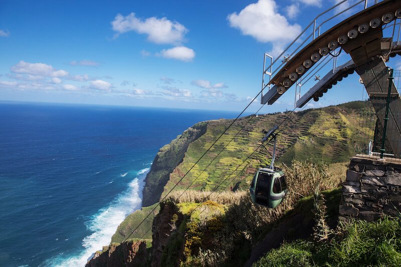 steep cable car going down to a village at the end of the funicular with the ocean in the background