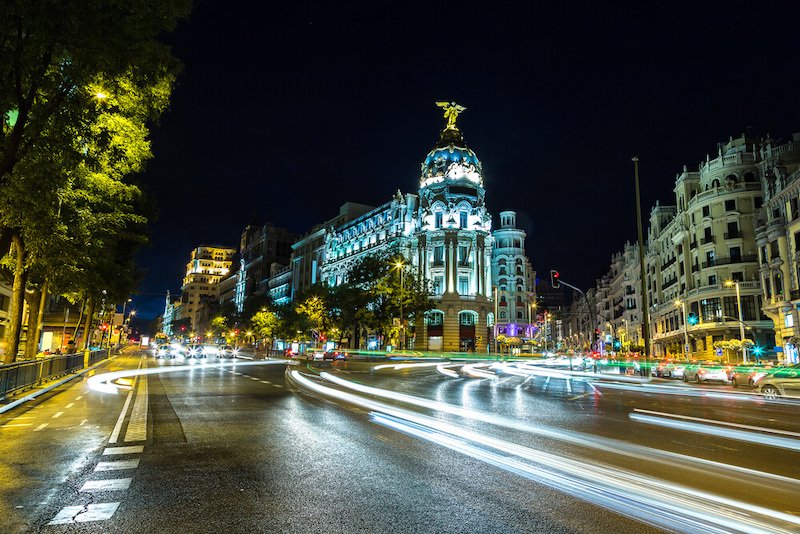 Metropolis hotel in Madrid in a beautiful summer night, Spain