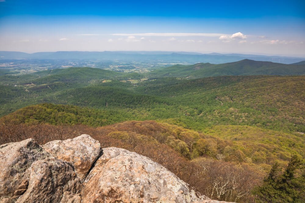 View of the Shenandoah Valley on the Blue Ridge Mountain range from Mary's Rock, a popular hike in Virginia
