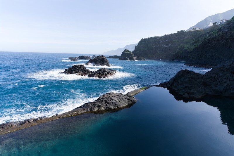 Amazing nature landscape in Seixal, Madeira, Portugal, europe with natural lava rock swimming pool