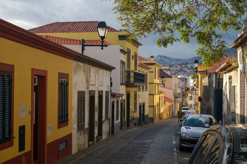 historic street in the old town of funchal with cars parked on one side of the street, overcast sky, tree