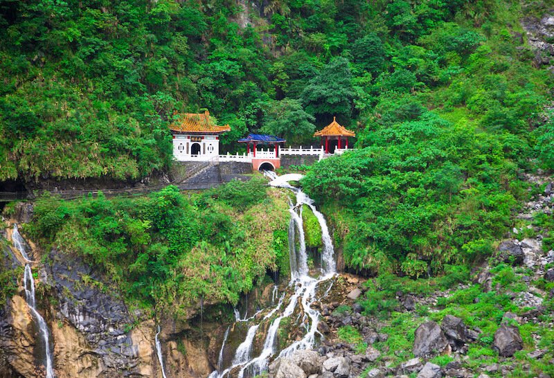 famous temple built into the hillside of the mountain in taroko gorge