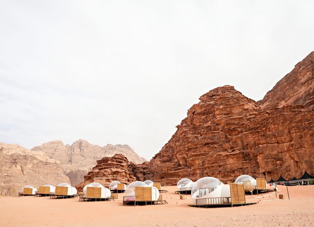 view of a bubble hotel in wadi rum in the daytime