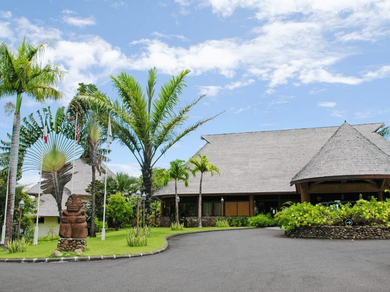 facade of the entrance to the moorea hilton lagoon resort