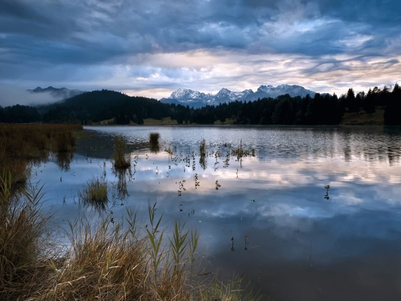 the scenic lake geroldsee in the charming mountainous bavaria area at sunrise