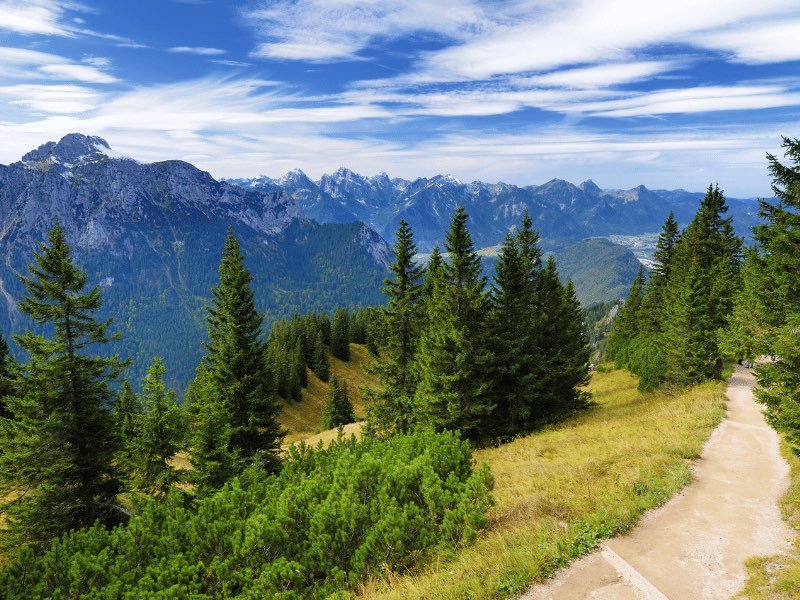 view of a hiking path on mount tegelberg which you can reach via cable car as a fun thing to do in fussen in the summer