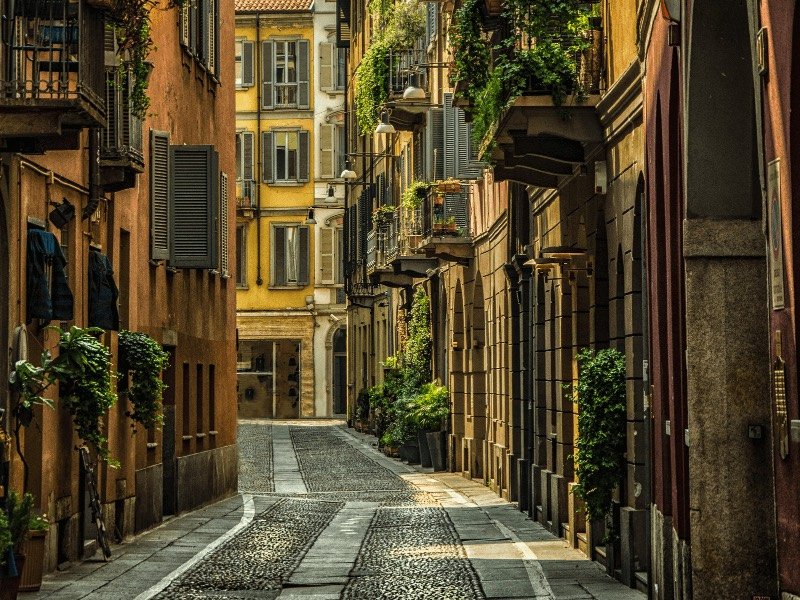 the beautiful residential area of milan's brera district with elegant balconies and greenery