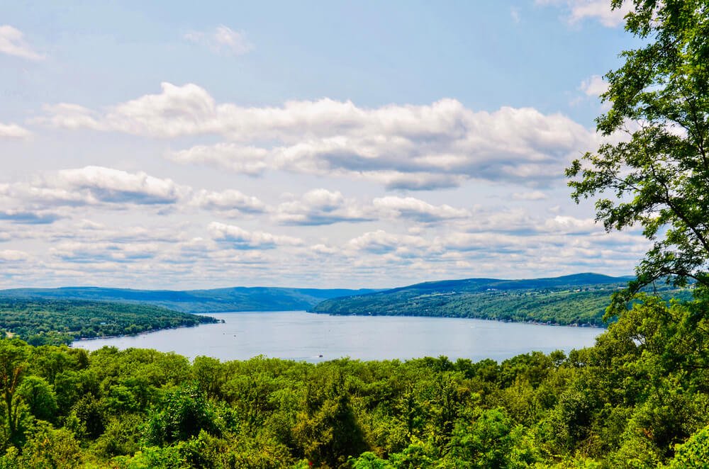 the finger lakes area of upstate new york with a view of keuka lake in the summer with lots of beautiful greenery surrounding the area