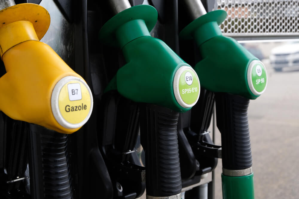 french gas station pumps with yellow diesel 'gazole' pump' and two green pumps for regular gas