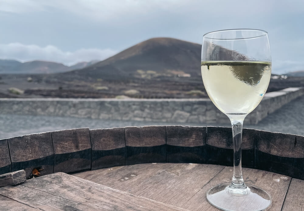 tasting of lanzarote wine with a mountain view