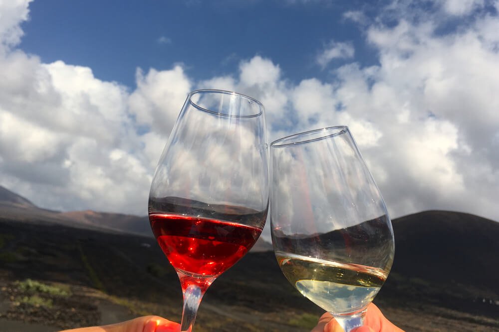 Cheers with red and white wine shining glasses in middle of volcanic vineyards in La Geria during beautiful day on spanish island Lanzarote