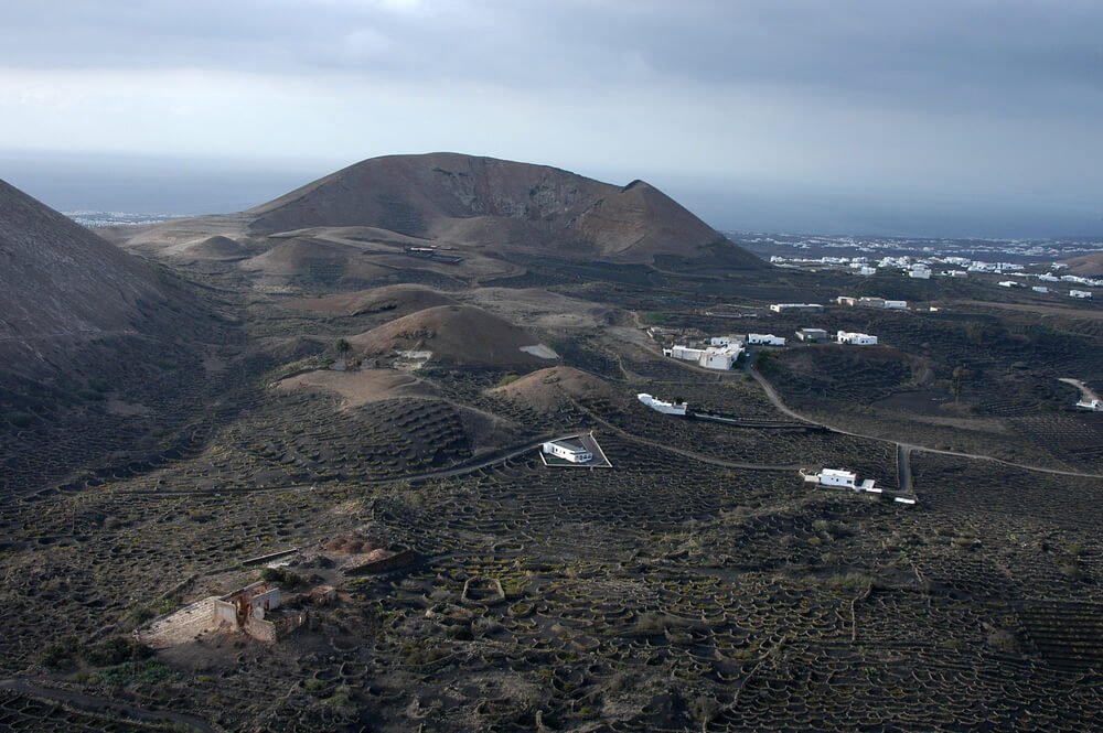 View of the landscapes above Lanzarote's winemaking region of La Geria