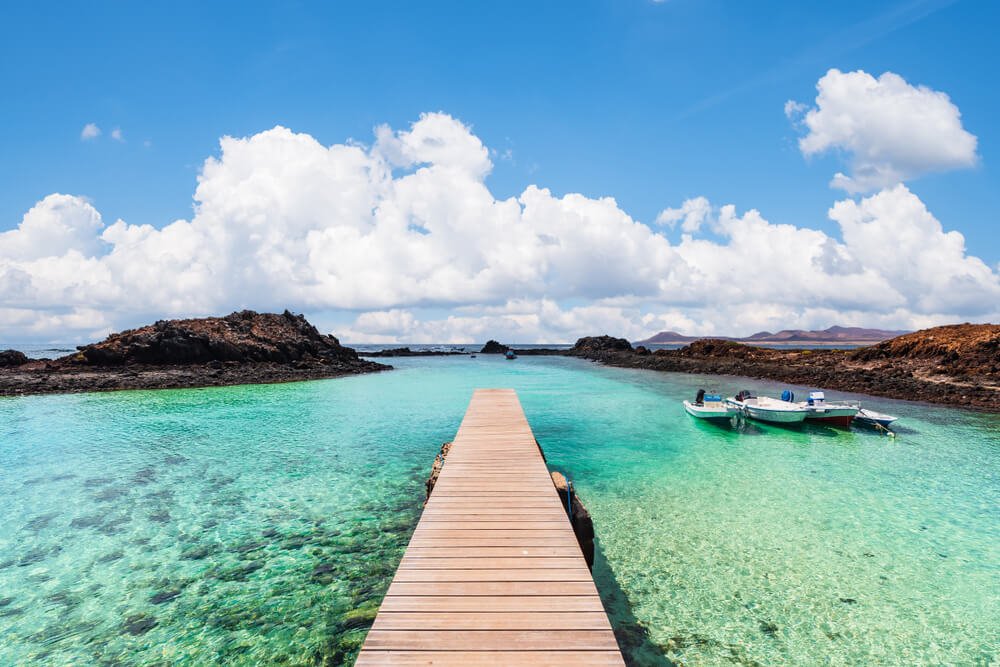 wooden jetty of the Isla de Lobos in the Canary Islands, Spain.
