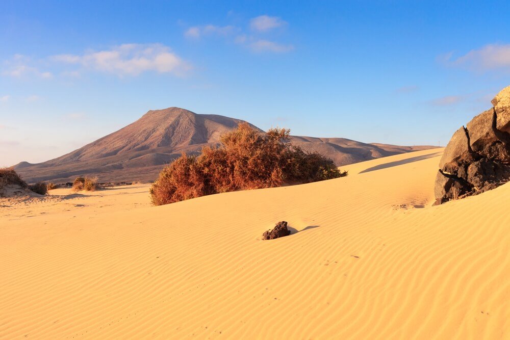 Red mountain seen from the natural park of the dunes of Corralejo with great plants and dunes