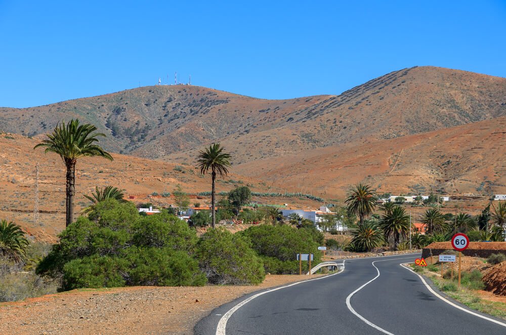Scenic mountain road with volcano view near Tuineje village, Fuerteventura, Canary Islands, Spain
