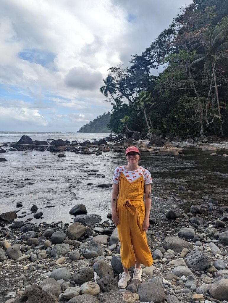 Allison Green, author of the article, standing in front of a stream crossing in Lavena Coastal Walk