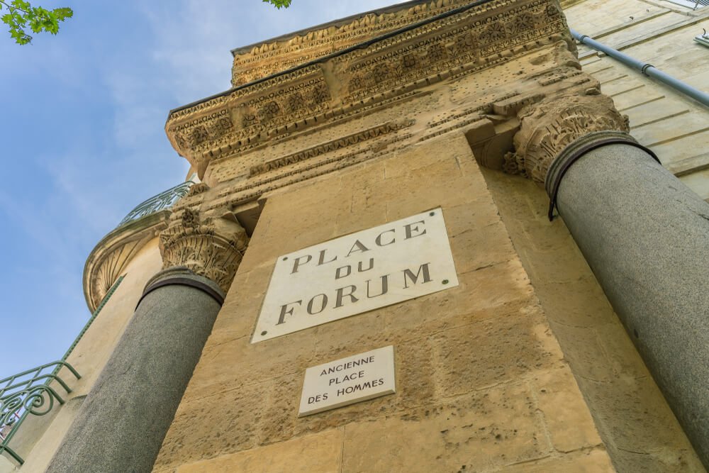 Detailed view of "Place du Forum" in Arles, Provence, France