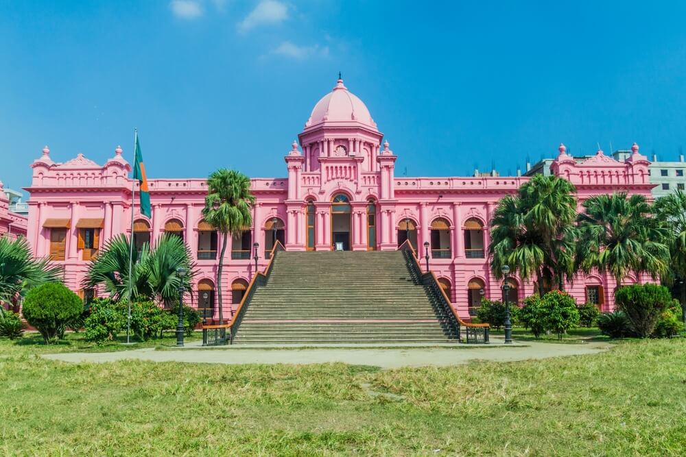 the hot pink palace of Ahsan Manzil, former residential palace of the Nawab of Dhaka, which you can find in Bangladesh's capital
